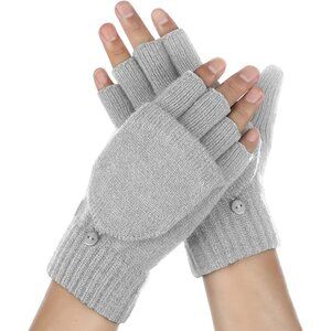 Women's Gray Fashionable Windproof Fingerless Lining Mittens Flip Cover Gloves